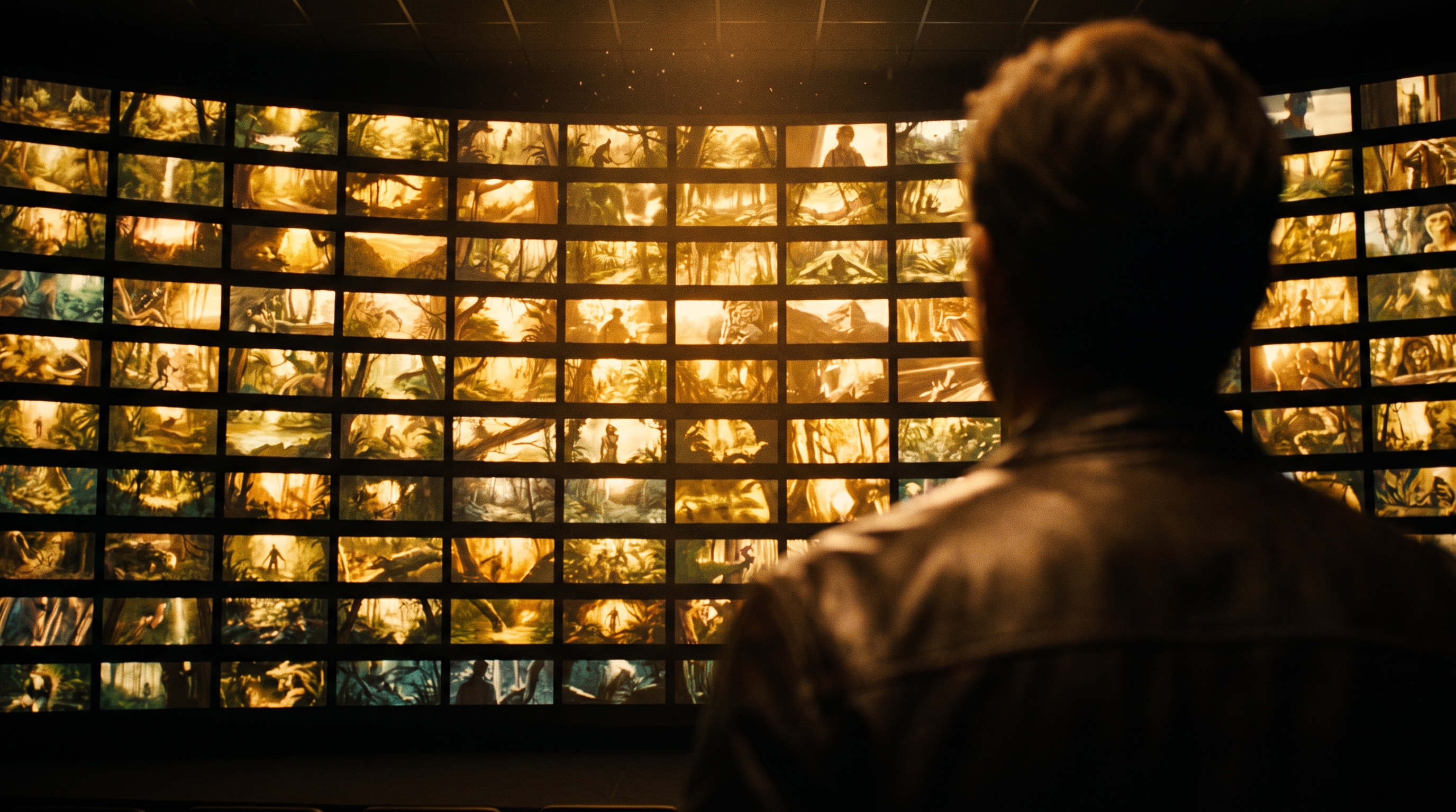 A director reviews walls of glowing storyboards